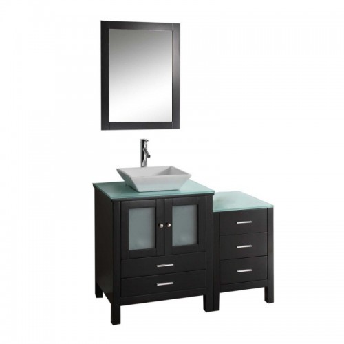 Brentford 46" Single Bathroom Vanity in Espresso with Aqua Tempered Glass Top and Square Sink with Brushed Nickel Faucet and Mirror