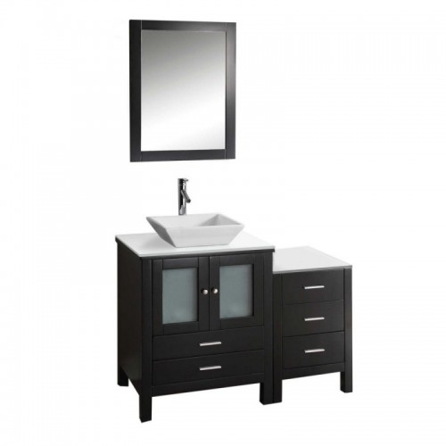 Brentford 46" Single Bathroom Vanity in Espresso with White Engineered Stone Top and Square Sink with Brushed Nickel Faucet and Mirror