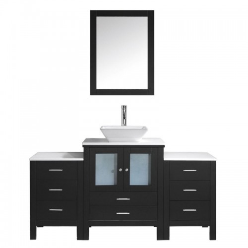 Brentford 63" Single Bathroom Vanity in Espresso with White Engineered Stone Top and Square Sink with Polished Chrome Faucet and Mirror
