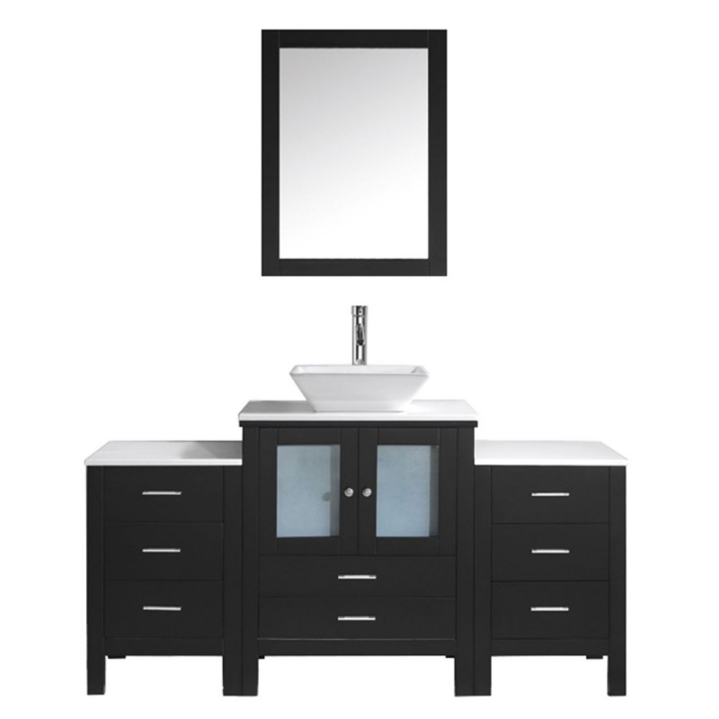 Brentford 63" Single Bathroom Vanity in Espresso with White Engineered Stone Top and Square Sink with Brushed Nickel Faucet and Mirror