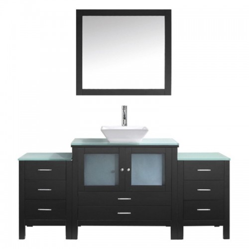 Brentford 71" Single Bathroom Vanity in Espresso with Clear Tempered Glass Top and Square Sink with Polished Chrome Faucet and Mirror