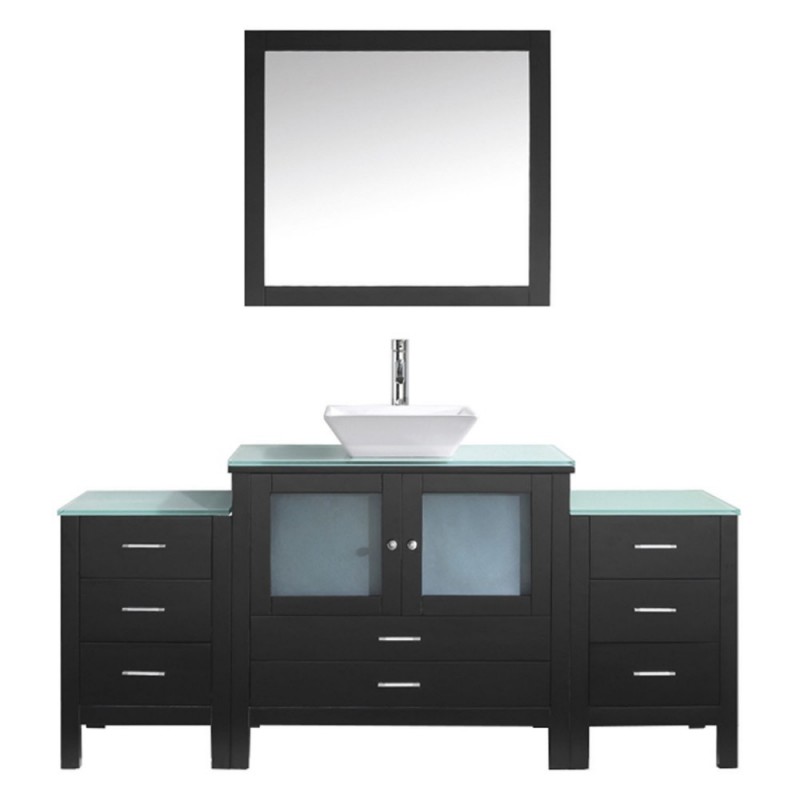 Brentford 71" Single Bathroom Vanity in Espresso with Clear Tempered Glass Top and Square Sink with Polished Chrome Faucet and Mirror