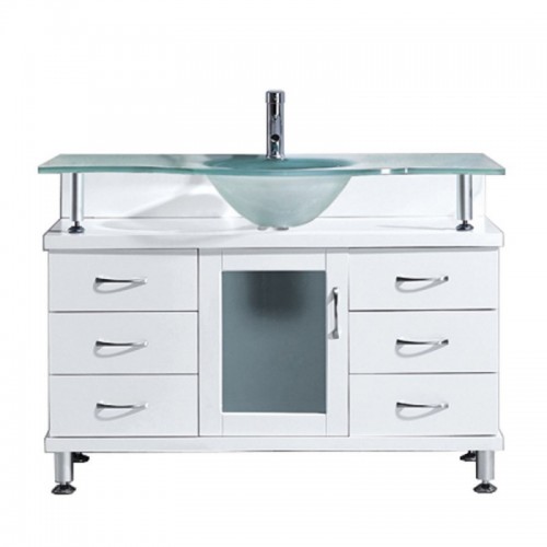 Vincente 48" Single Bathroom Vanity in White with Frosted Tempered Glass Top and Round Sink