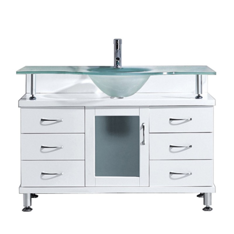 Vincente 48" Single Bathroom Vanity in White with Frosted Tempered Glass Top and Round Sink
