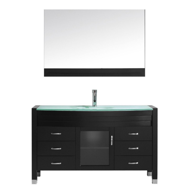 Ava 55" Single Bathroom Vanity in Espresso with Aqua Tempered Glass Top and Sink with Brushed Nickel Faucet and Mirror