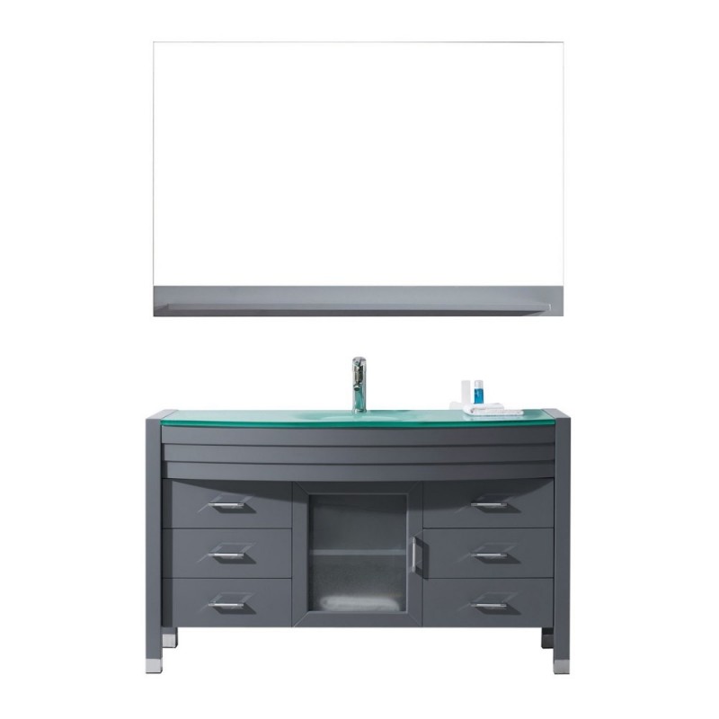 Ava 55" Single Bathroom Vanity in Grey with Aqua Tempered Glass Top and Sink with Polished Chrome Faucet and Mirror