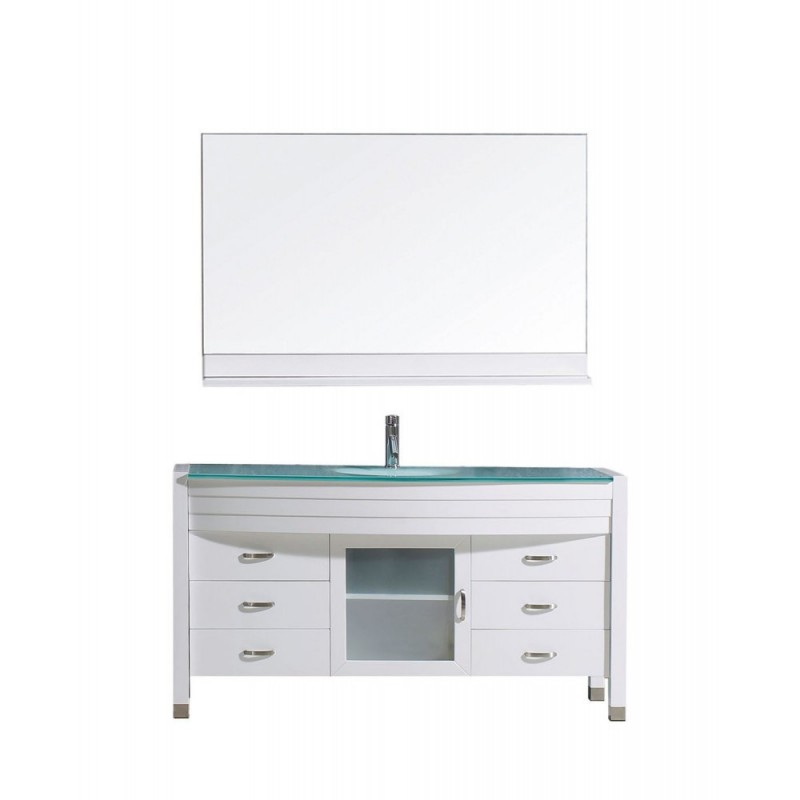 Ava 55" Single Bathroom Vanity in White with Aqua Tempered Glass Top and Sink with Brushed Nickel Faucet and Mirror
