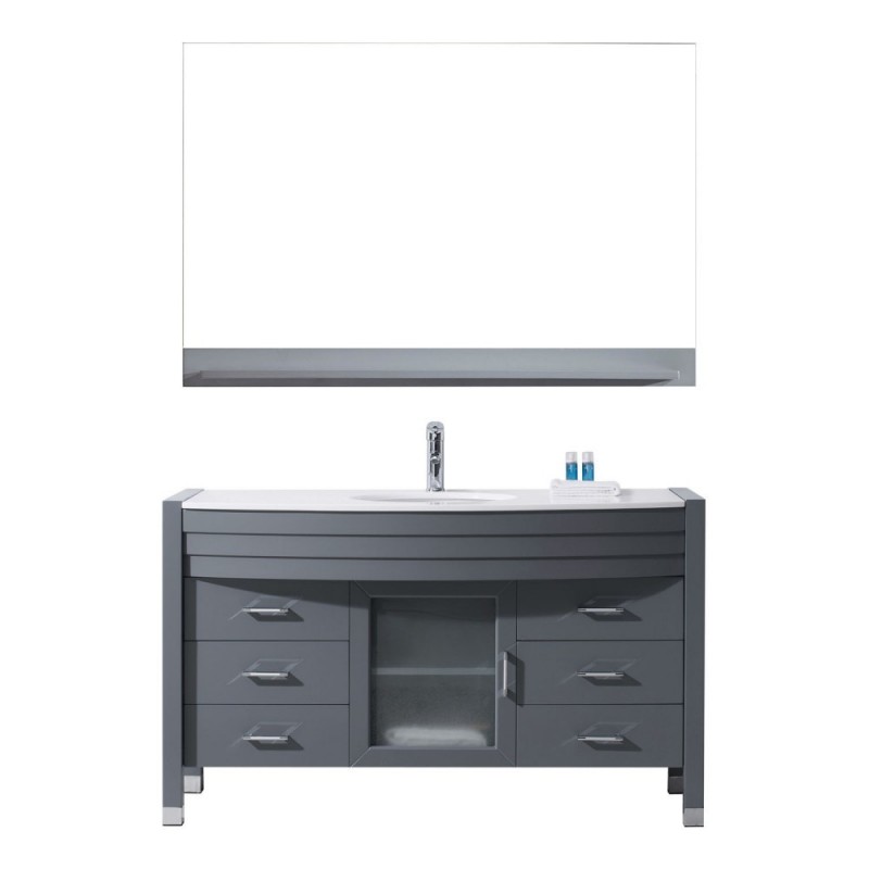 Ava 55" Single Bathroom Vanity in Grey with White Engineered Stone Top and Round Sink with Polished Chrome Faucet and Mirror