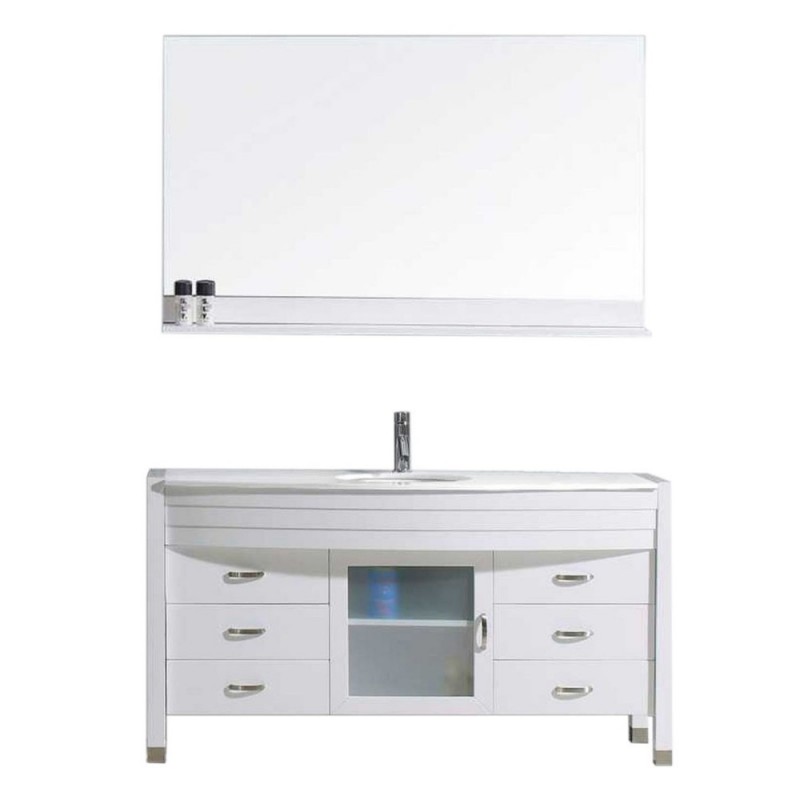 Ava 55" Single Bathroom Vanity in White with White Engineered Stone Top and Round Sink with Polished Chrome Faucet and Mirror