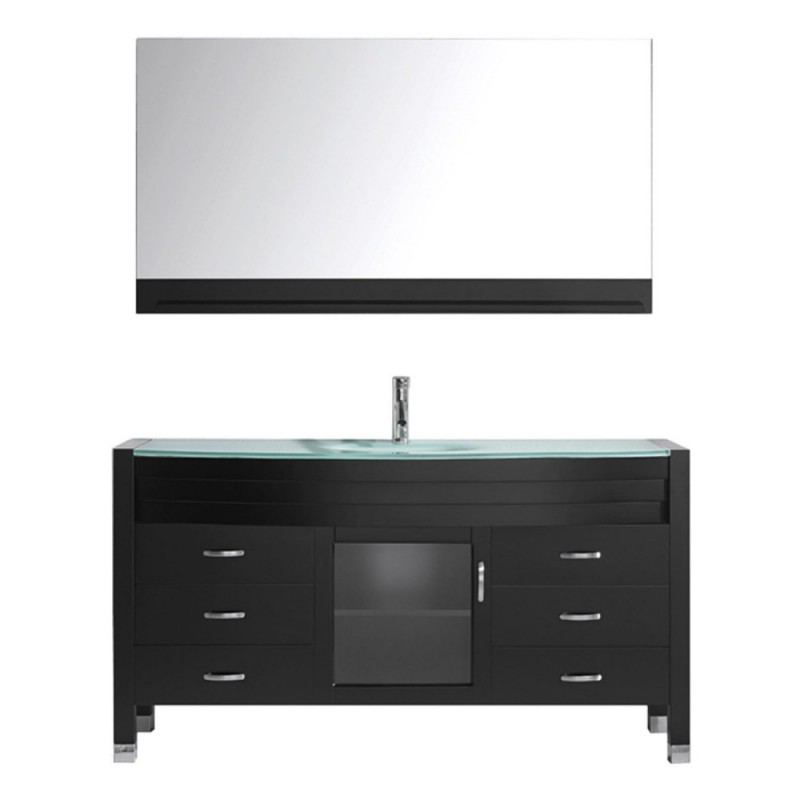 Ava 61" Single Bathroom Vanity in Espresso with Aqua Tempered Glass Top and Sink with Polished Chrome Faucet and Mirror