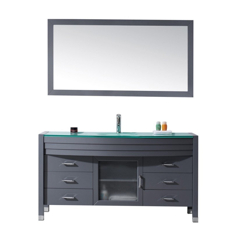 Ava 61" Single Bathroom Vanity in Grey with Aqua Tempered Glass Top and Sink with Polished Chrome Faucet and Mirror