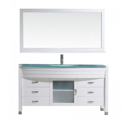 Ava 61" Single Bathroom Vanity in White with Aqua Tempered Glass Top and Sink with Polished Chrome Faucet and Mirror