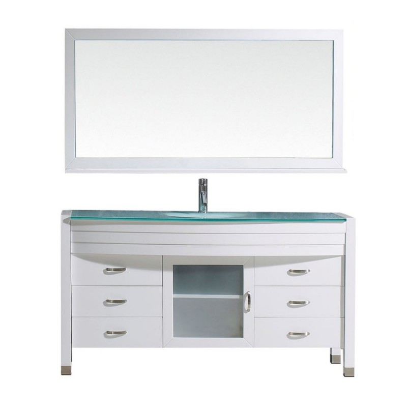 Ava 61" Single Bathroom Vanity in White with Aqua Tempered Glass Top and Sink with Polished Chrome Faucet and Mirror