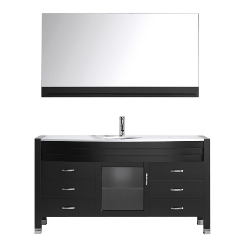 Ava 61" Single Bathroom Vanity in Espresso with White Engineered Stone Top and Round Sink with Brushed Nickel Faucet and Mirror