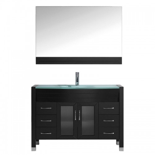 Ava 48" Single Bathroom Vanity in Espresso with Aqua Tempered Glass Top and Sink with Polished Chrome Faucet and Mirror