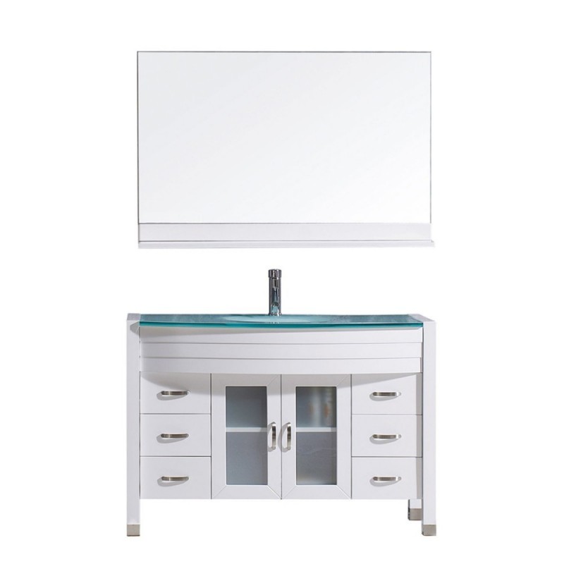 Ava 48" Single Bathroom Vanity in White with Aqua Tempered Glass Top and Sink with Polished Chrome Faucet and Mirror