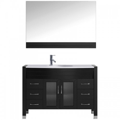 Ava 48" Single Bathroom Vanity in Espresso with White Engineered Stone Top and Round Sink with Polished Chrome Faucet and Mirror