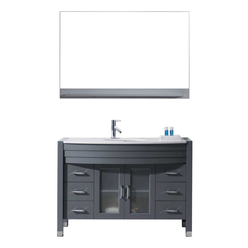 Ava 48" Single Bathroom Vanity in Grey with White Engineered Stone Top and Round Sink with Polished Chrome Faucet and Mirror
