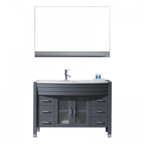 Ava 48" Single Bathroom Vanity in Grey with White Engineered Stone Top and Round Sink with Brushed Nickel Faucet and Mirror