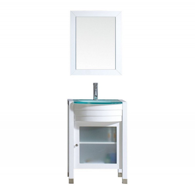 Ava 24" Single Bathroom Vanity in White with Aqua Tempered Glass Top and Sink with Brushed Nickel Faucet and Mirror