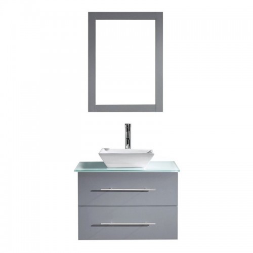 Marsala 29" Single Bathroom Vanity in Grey with Aqua Tempered Glass Top and Square Sink with Brushed Nickel Faucet and Mirror