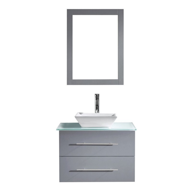 Marsala 29" Single Bathroom Vanity in Grey with Aqua Tempered Glass Top and Square Sink with Brushed Nickel Faucet and Mirror