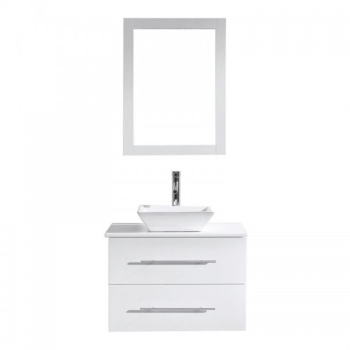 Marsala 29" Single Bathroom Vanity in White with White Engineered Stone Top and Square Sink with Polished Chrome Faucet and Mirror