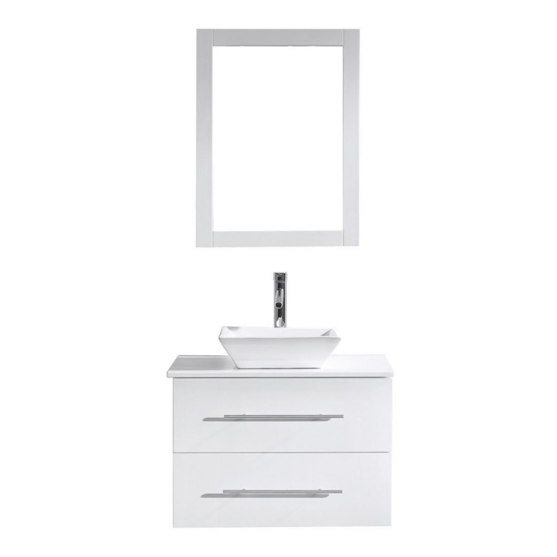 Marsala 29" Single Bathroom Vanity in White with White Engineered Stone Top and Square Sink with Polished Chrome Faucet and Mirror