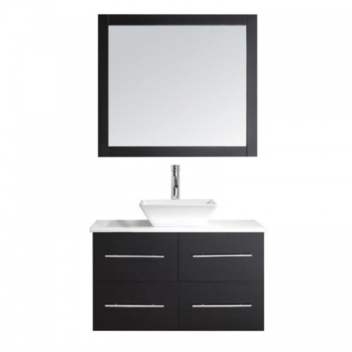 Marsala 35" Single Bathroom Vanity in Espresso with White Engineered Stone Top and Square Sink with Brushed Nickel Faucet and Mirror