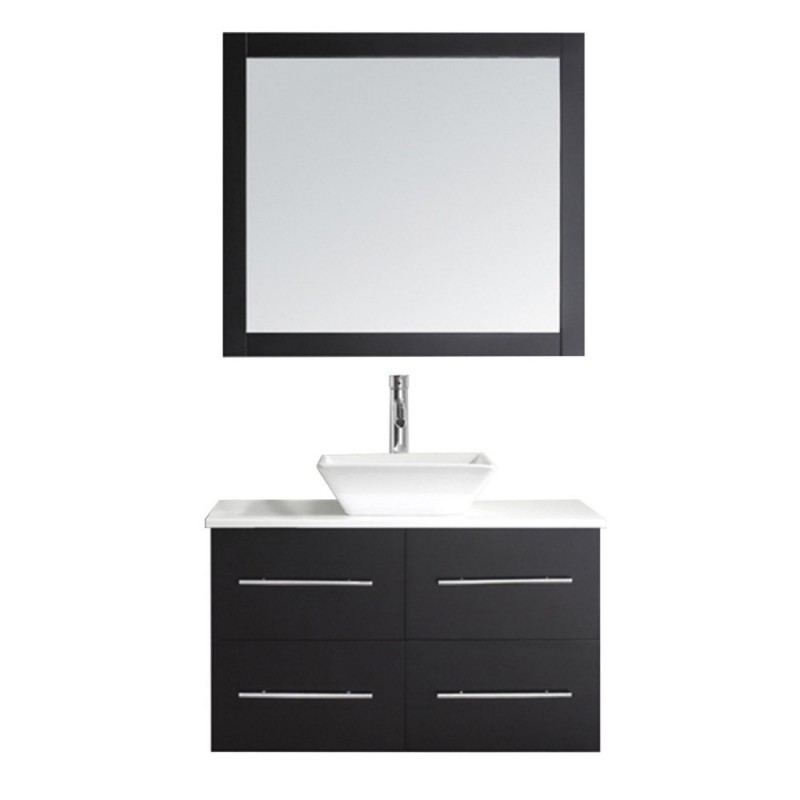 Marsala 35" Single Bathroom Vanity in Espresso with White Engineered Stone Top and Square Sink with Brushed Nickel Faucet and Mirror