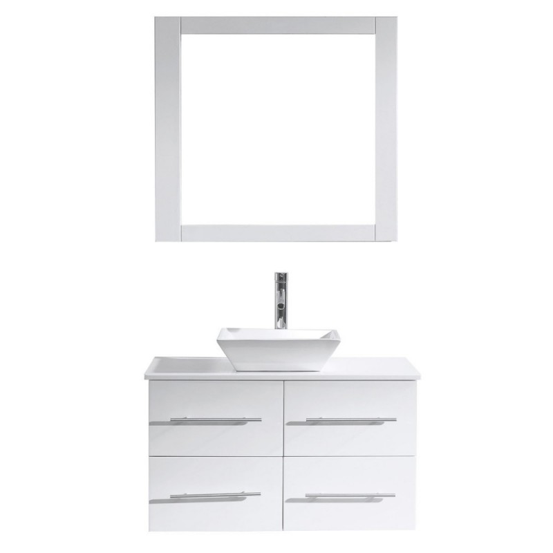 Marsala 35" Single Bathroom Vanity in White with White Engineered Stone Top and Square Sink with Polished Chrome Faucet and Mirror