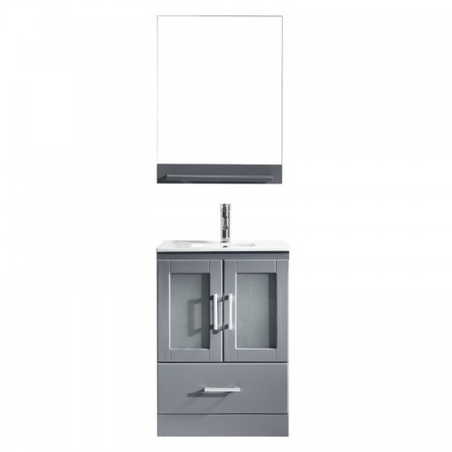 Zola 24" Single Bathroom Vanity in Grey with Slim White Ceramic Top and Square Sink with Brushed Nickel Faucet and Mirror