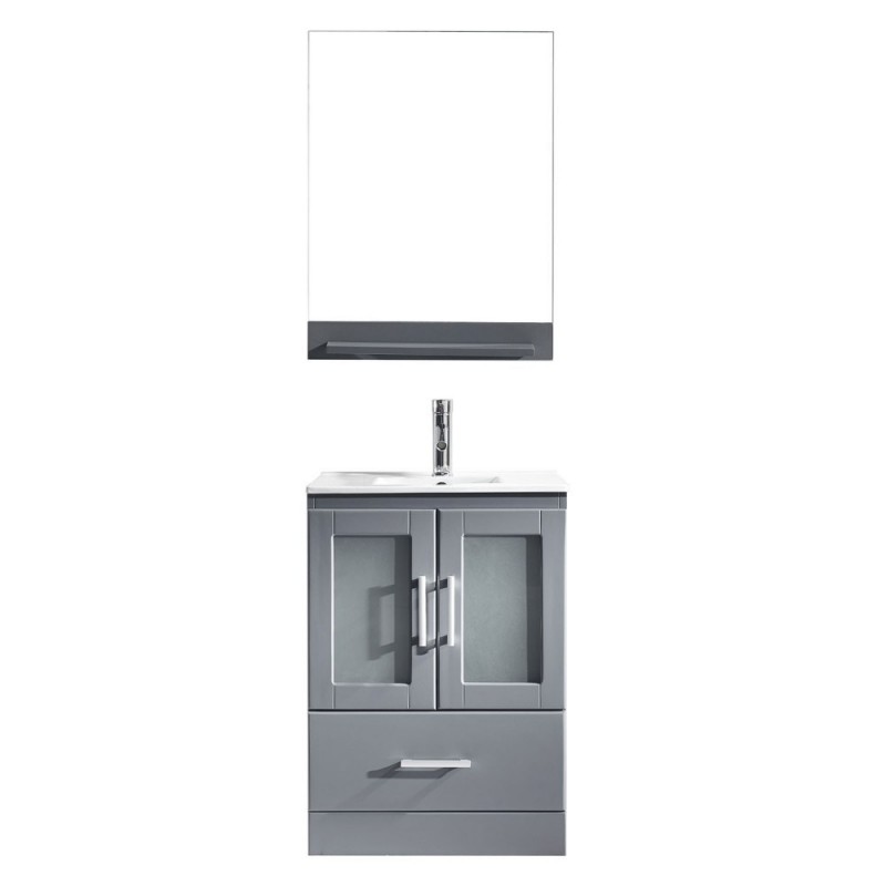 Zola 24" Single Bathroom Vanity in Grey with Slim White Ceramic Top and Square Sink with Brushed Nickel Faucet and Mirror