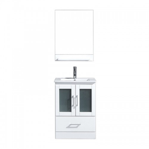 Zola 24" Single Bathroom Vanity in White with Slim White Ceramic Top and Square Sink with Brushed Nickel Faucet and Mirror