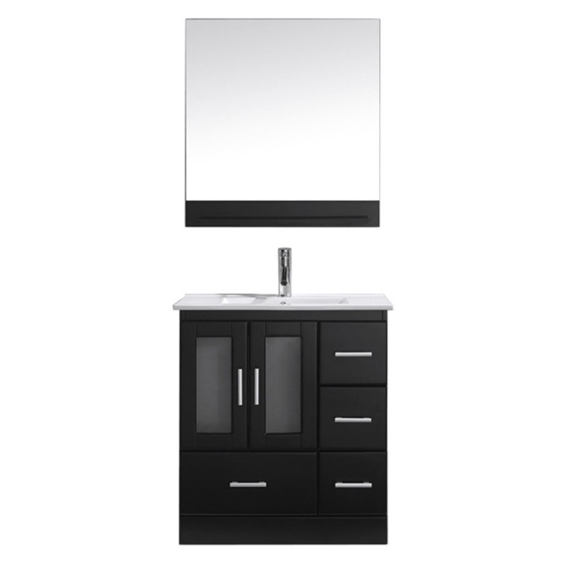 Zola 30" Single Bathroom Vanity in Espresso with Slim White Ceramic Top and Square Sink with Polished Chrome Faucet and Mirror