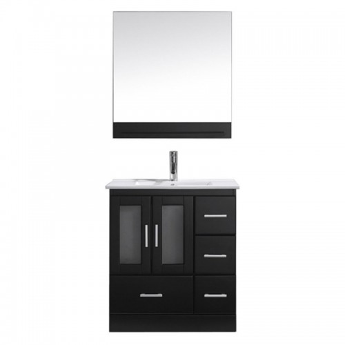 Zola 30" Single Bathroom Vanity in Espresso with Slim White Ceramic Top and Square Sink with Brushed Nickel Faucet and Mirror