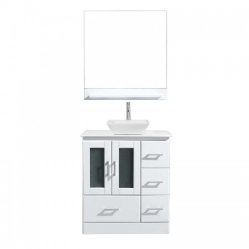 Zola 30" Single Bathroom Vanity in White with White Engineered Stone Top and Square Sink with Polished Chrome Faucet and Mirror