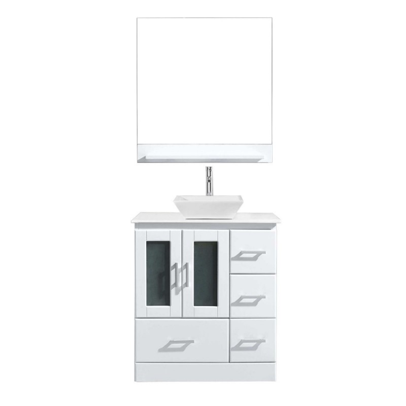 Zola 30" Single Bathroom Vanity in White with White Engineered Stone Top and Square Sink with Polished Chrome Faucet and Mirror