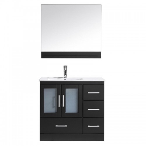Zola 36" Single Bathroom Vanity in Espresso with Slim White Ceramic Top and Square Sink with Polished Chrome Faucet and Mirror