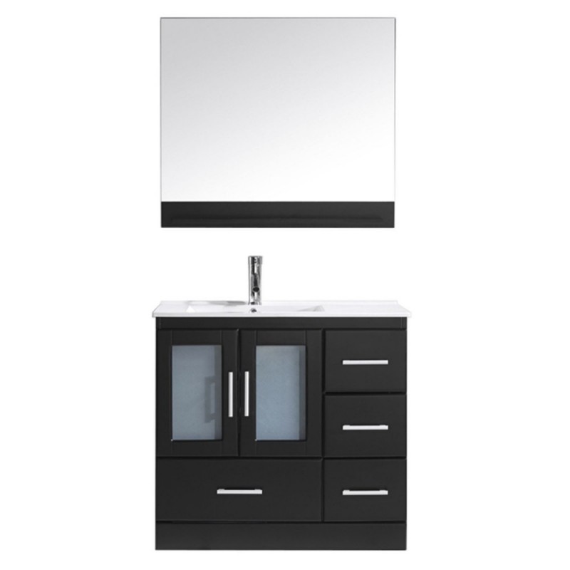 Zola 36" Single Bathroom Vanity in Espresso with Slim White Ceramic Top and Square Sink with Polished Chrome Faucet and Mirror