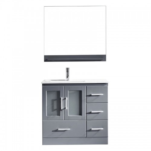 Zola 36" Single Bathroom Vanity in Grey with Slim White Ceramic Top and Square Sink with Polished Chrome Faucet and Mirror
