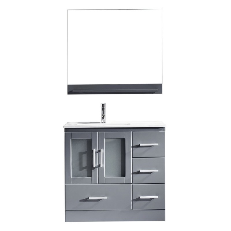 Zola 36" Single Bathroom Vanity in Grey with Slim White Ceramic Top and Square Sink with Brushed Nickel Faucet and Mirror