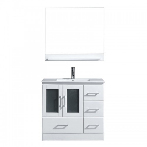 Zola 36" Single Bathroom Vanity in White with Slim White Ceramic Top and Square Sink with Polished Chrome Faucet and Mirror