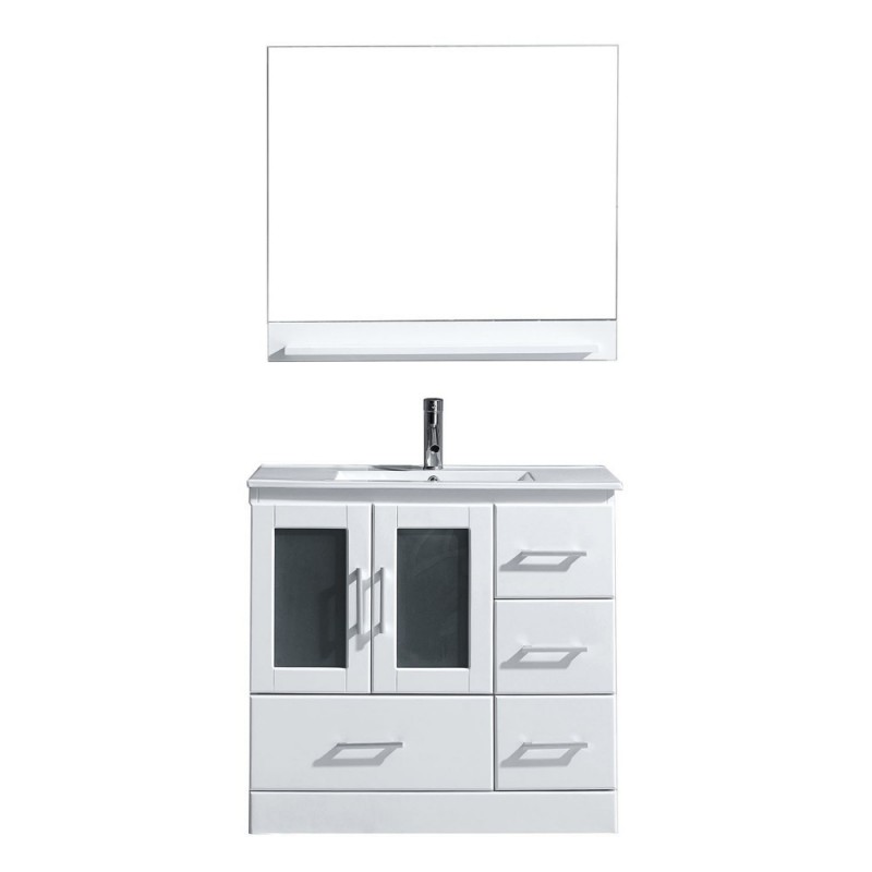 Zola 36" Single Bathroom Vanity in White with Slim White Ceramic Top and Square Sink with Brushed Nickel Faucet and Mirror