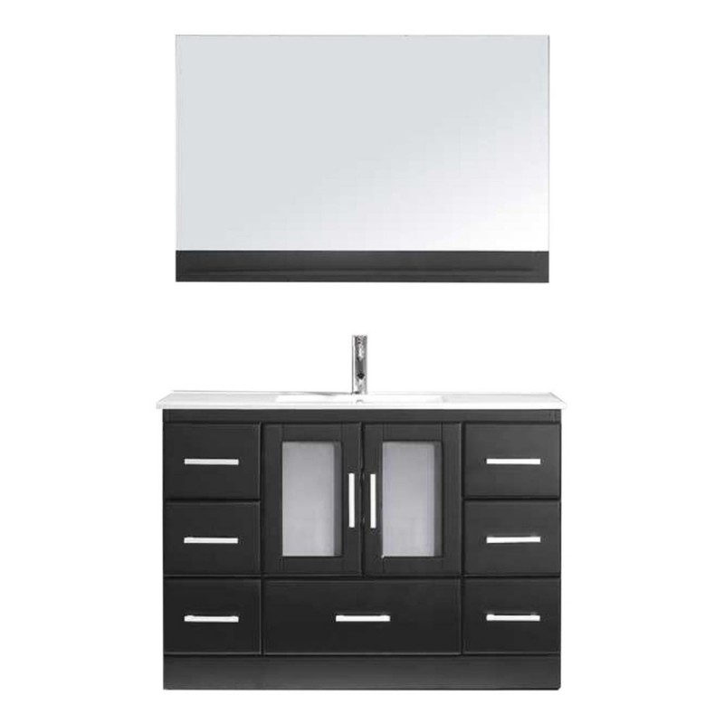 Zola 48" Single Bathroom Vanity in Espresso with Slim White Ceramic Top and Square Sink with Brushed Nickel Faucet and Mirror