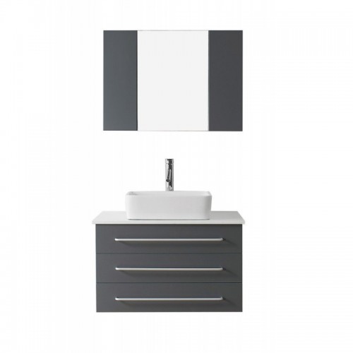 Ivy 36" Single Bathroom Vanity in Grey with White Engineered Stone Top and Square Sink with Polished Chrome Faucet and Mirror