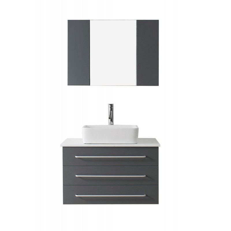 Ivy 36" Single Bathroom Vanity in Grey with White Engineered Stone Top and Square Sink with Polished Chrome Faucet and Mirror