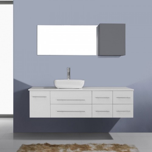 Justine 59" Single Bathroom Vanity in Espresso with White Engineered Stone Top and Square Sink with Polished Chrome Faucet and Mirror