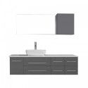 Justine 59" Single Bathroom Vanity in Grey with White Engineered Stone Top and Square Sink with Polished Chrome Faucet and Mirror