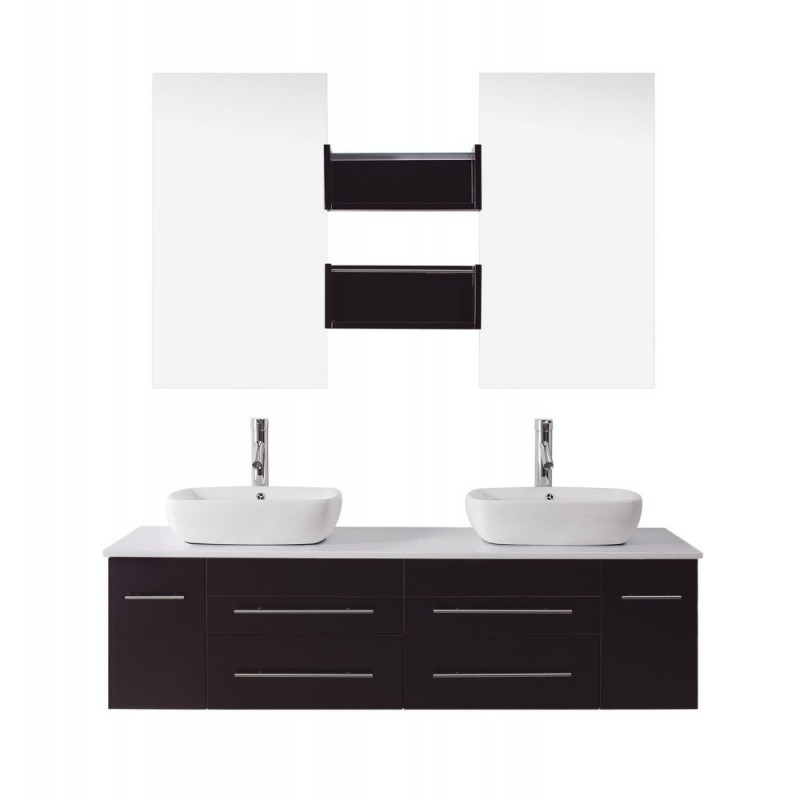 Augustine 59" Double Bathroom Vanity in Espresso with White Engineered Stone Top and Square Sink with Polished Chrome Faucet and Mirrors